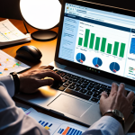 **A detective meticulously examining a competitor's website on a laptop, surrounded by scattered notes, charts, and competitor product samples. The scene is lit with a focused light, emphasizing the intensity of the competitive analysis process.** (Focus: Decoding Digital Footprint, competitor analysis process).