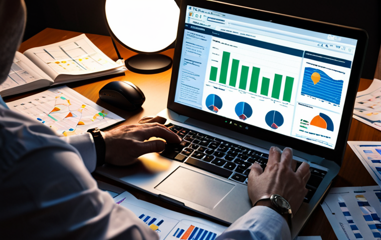 **A detective meticulously examining a competitor's website on a laptop, surrounded by scattered notes, charts, and competitor product samples. The scene is lit with a focused light, emphasizing the intensity of the competitive analysis process.** (Focus: Decoding Digital Footprint, competitor analysis process).