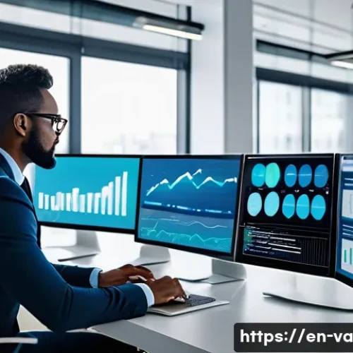 Home 32 경쟁 분석 프레임워크의 필수 요소 정리 - A professional business strategist analyzing competitor market data on multiple digital screens in a...