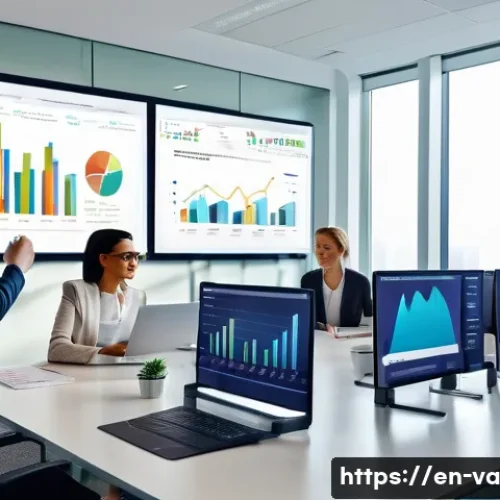 Home 31 경쟁 분석 프레임워크의 비즈니스 전략 통합 - A modern office scene showing a diverse team of professionals gathered around a large digital touchs...