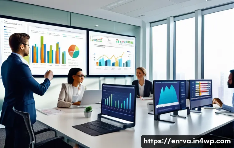 경쟁 분석 프레임워크의 비즈니스 전략 통합 - A modern office scene showing a diverse team of professionals gathered around a large digital touchs...