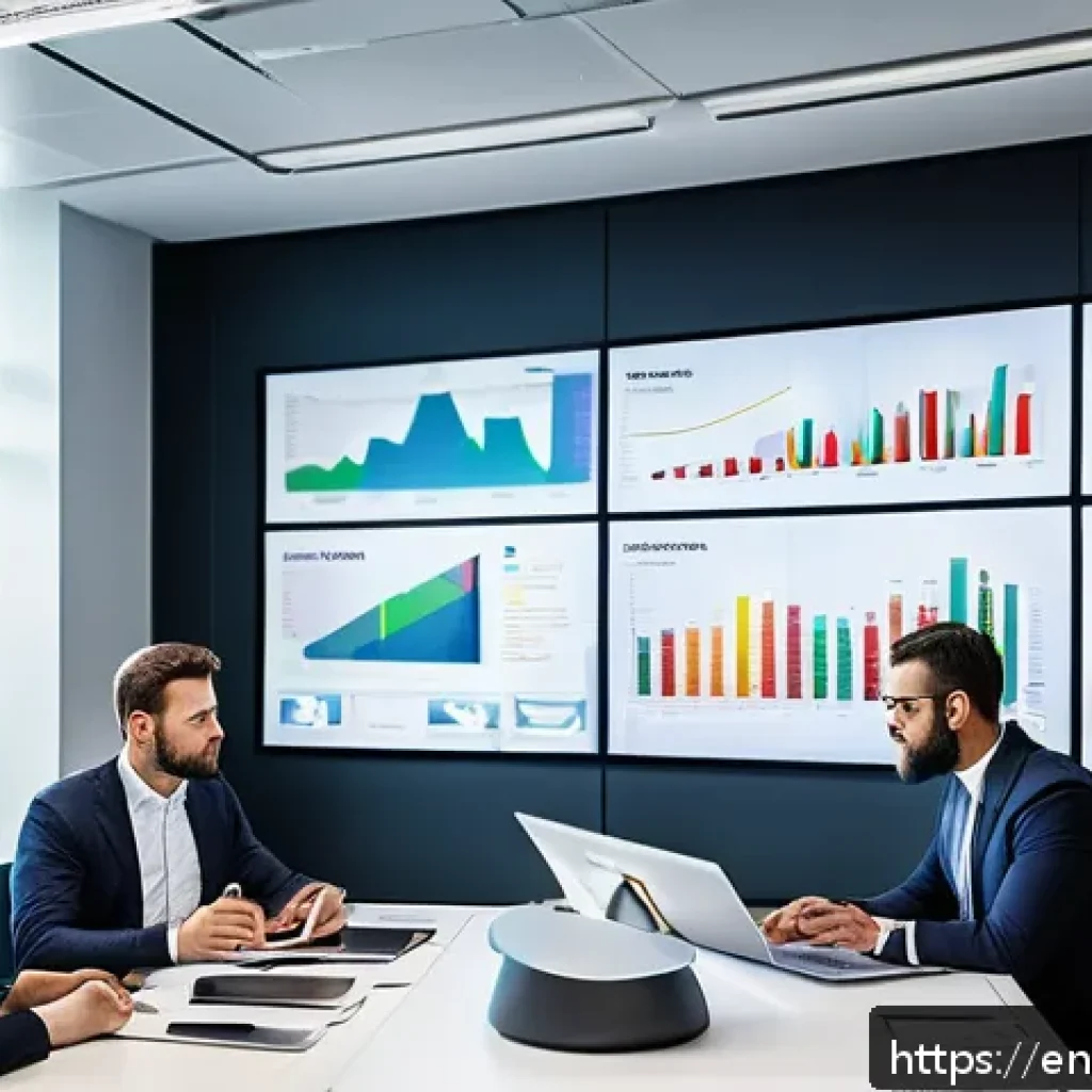 경쟁 분석 프레임워크와 산업의 변화에 대한 대응 - A modern corporate strategy meeting room with diverse professionals analyzing a large digital screen...