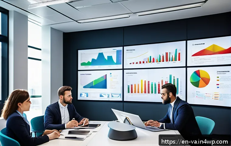 경쟁 분석 프레임워크와 산업의 변화에 대한 대응 - A modern corporate strategy meeting room with diverse professionals analyzing a large digital screen...