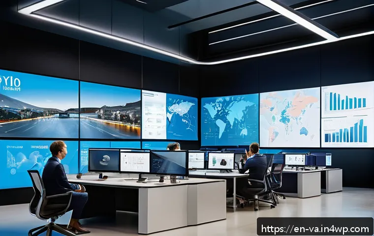 경쟁 분석 프레임워크의 경쟁자 식별 프로세스 - A modern office setting with a diverse team of professionals analyzing a large digital screen displa...