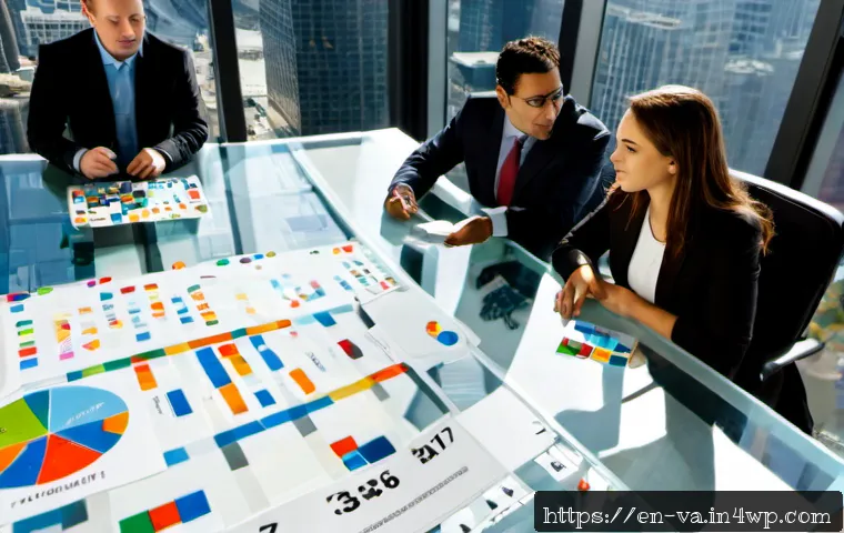 경쟁 분석 프레임워크에서의 사례 연구 - Photorealistic executive strategy workshop in a modern Chicago office, diverse team of four analysts...