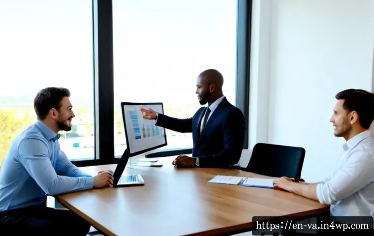 경쟁 분석 프레임워크의 성공 사례 분석 - Photorealistic business strategy meeting in a bright modern American office, diverse team of four pr...